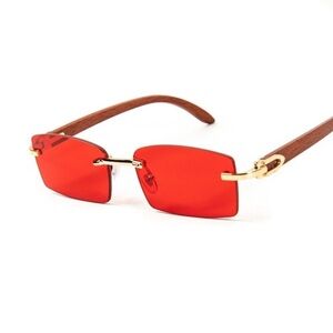 Retro Vintage Rectangle Rimless Gold Frame Red Tint 90s Vintage Sunglasses